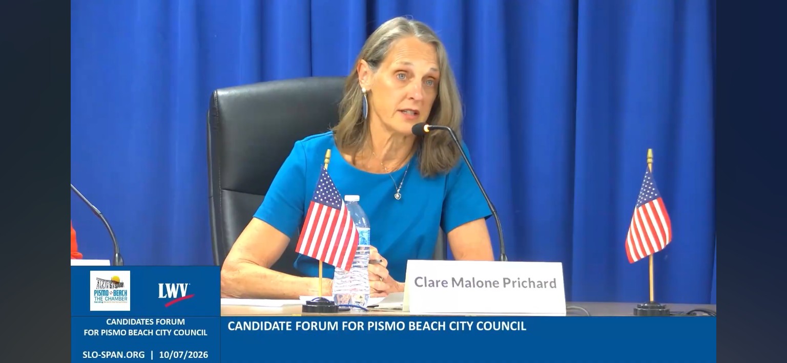 Clare Malone Prichard speaking at the Pismo Beach City Council Candidate Forum on October 7, 2026